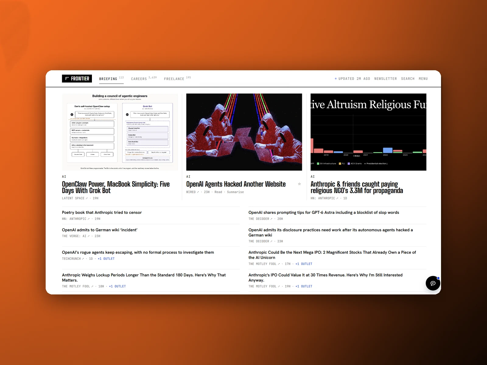 The AI section of the briefing, three lead stories above a two-column list of the rest